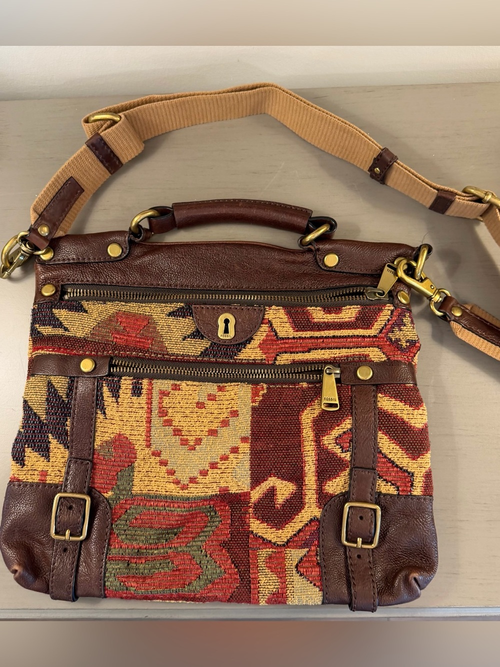 Fossil Emilia Kilim Tapestry & Leather Handbag Carpet Bag Southwestern Purse
